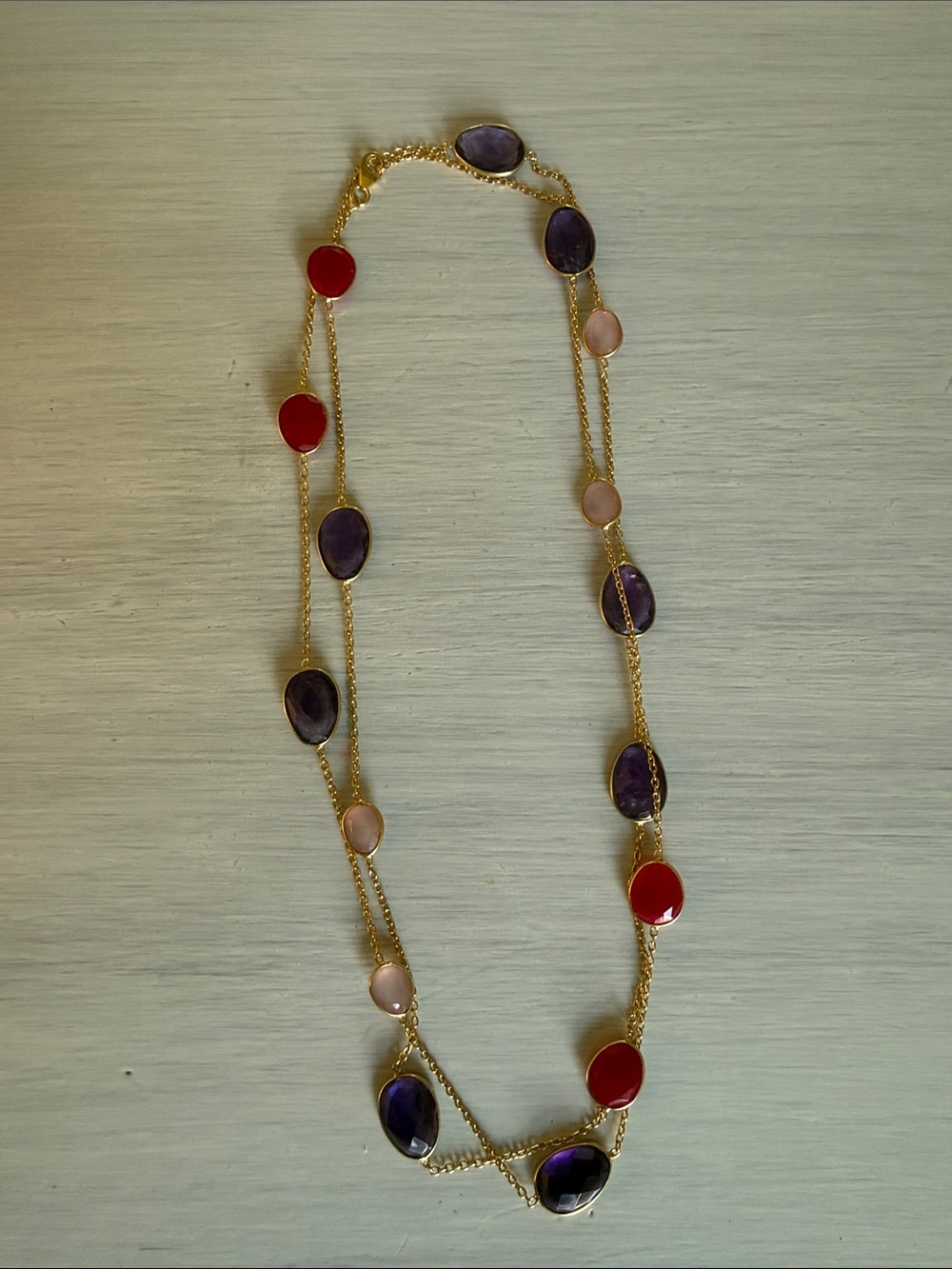 Gold Chain Long Necklace with Purple, Pink and Red Stone Accents